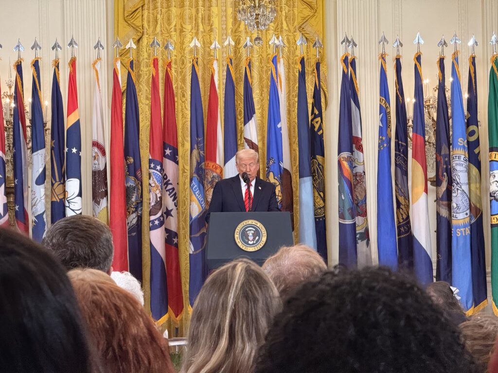 President Donald Trump speaking at a White House executive order signing ceremony related to the Department of Education.