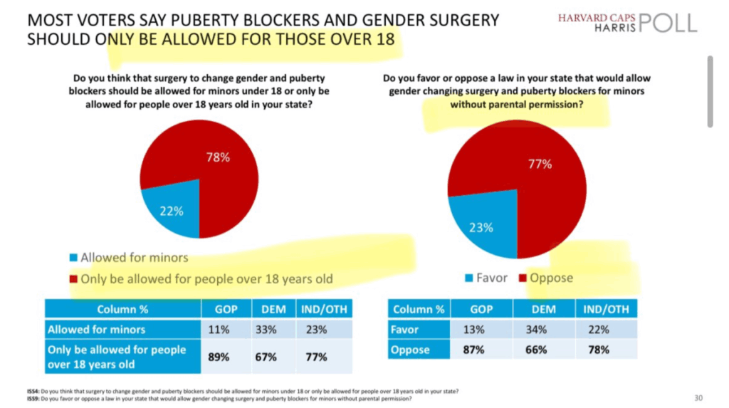 78% of voters, including 67% of Democrats, believe puberty blockers and gender surgeries should only be allowed for those over 18. Additionally, 77% oppose allowing such procedures for minors without parental consent.